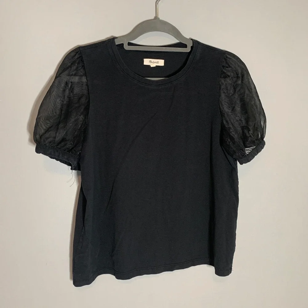 Madewell Black Puff Sleeve Sheer Sleeve T‎ Shirt Top Womens Size M